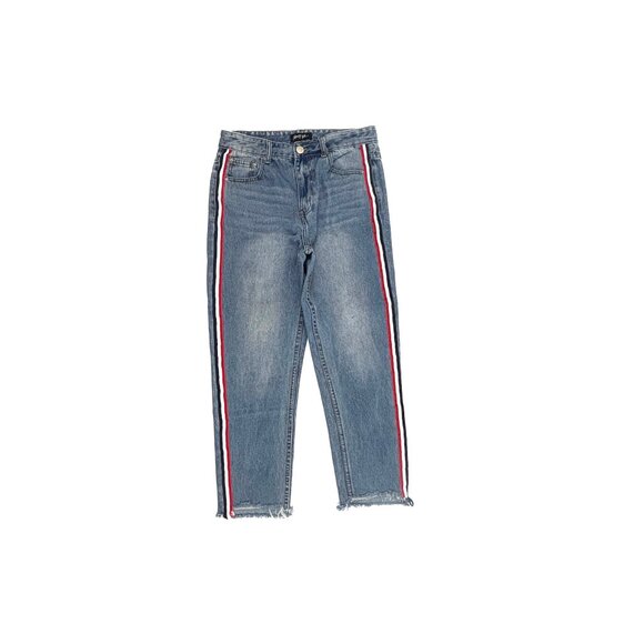Nasty Gal Raw Hem Crop Women's size 6 Red White Blue Side Stripe Denim Jeans - Picture 1 of 4